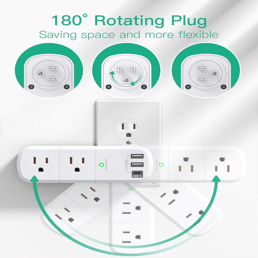 Rotating Outlet Extender – Surge Protector Power Splitter with 6 AC Outlets & 3 USB Ports