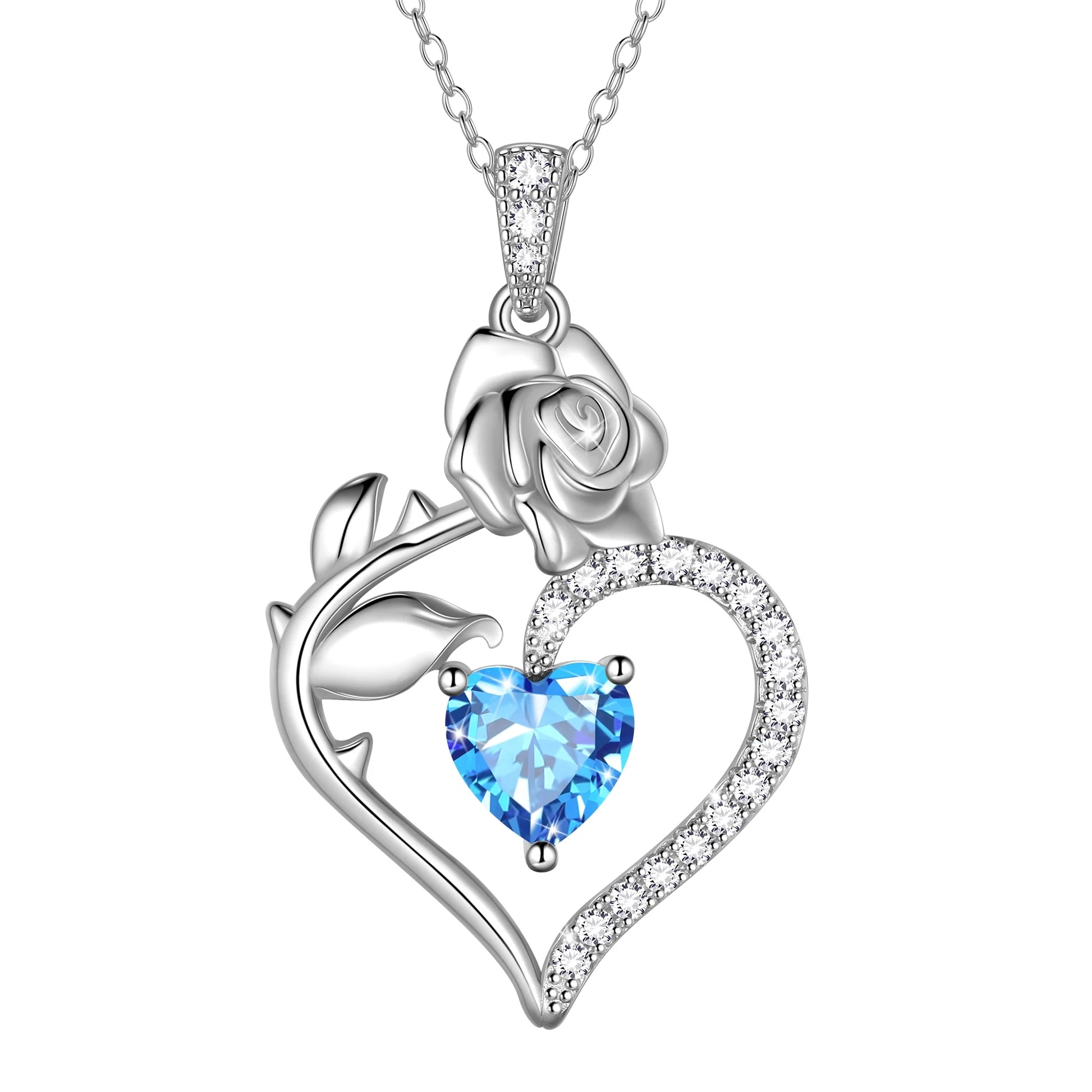 925 Sterling Silver Birthstone Necklace, Rose Flower Heart Pendant Jewelry