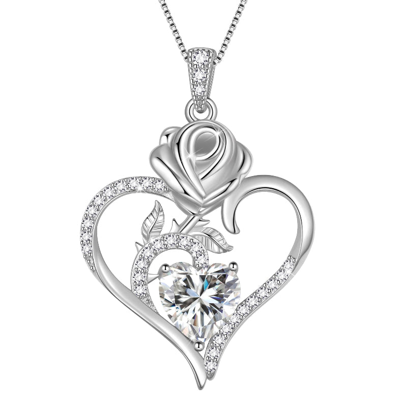 925 Sterling Silver Birthstone Necklace, Rose Flower Heart Pendant Jewelry