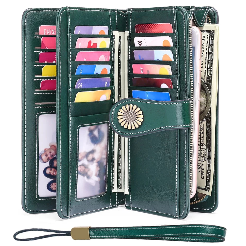 Genuine Leather Credit Card Holder with RFID Blocking Large Capacity Wristlet Wallet