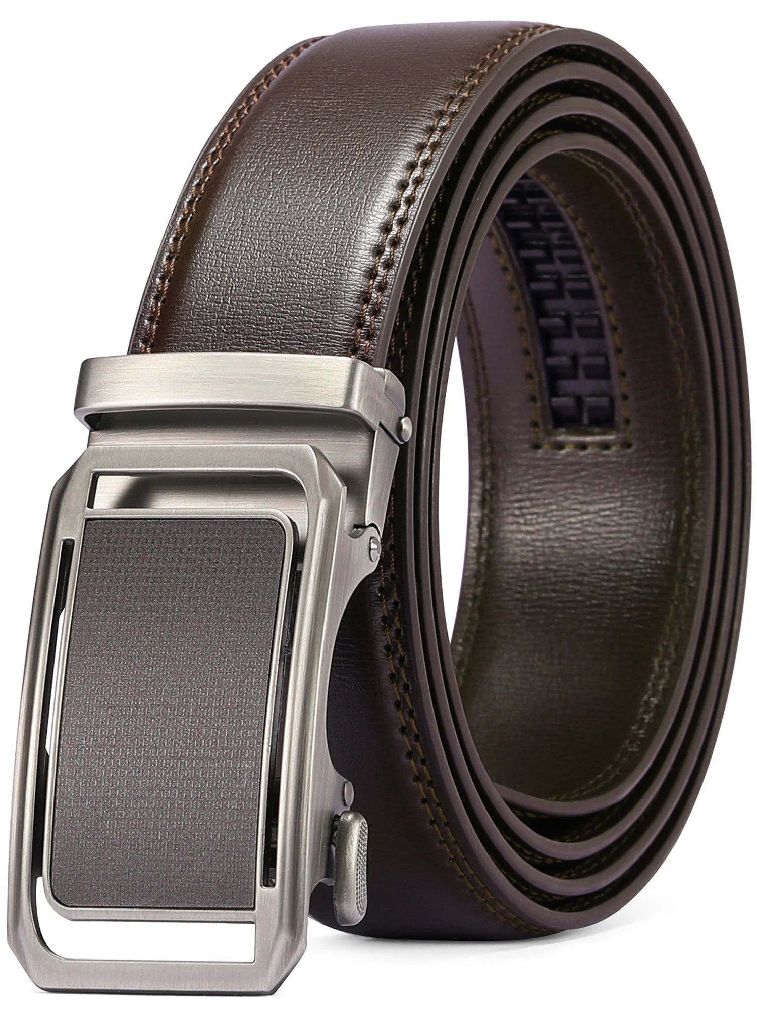 Men's Leather Belt with Automatic Ratchet Buckle Slide - Trim to Fit