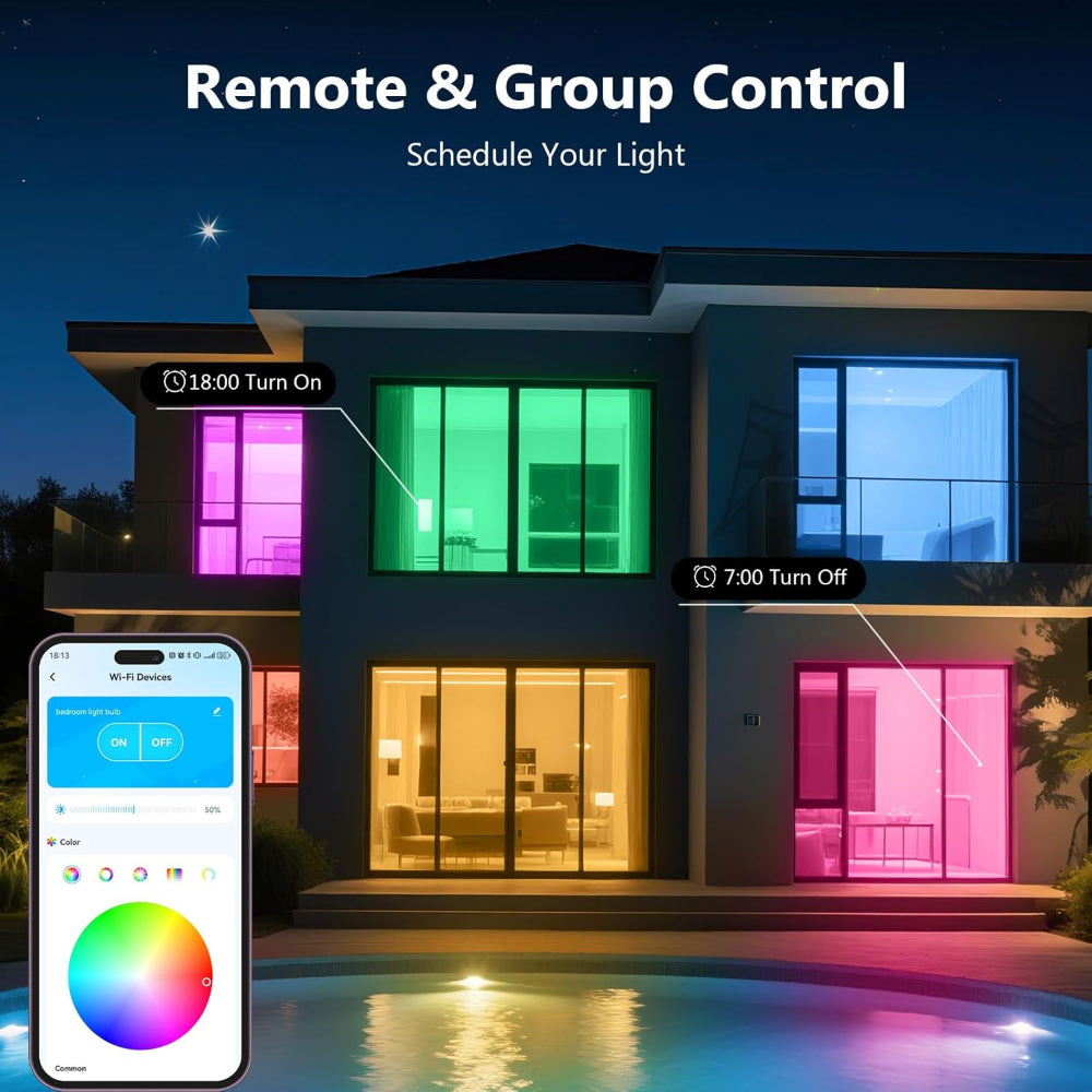 6-Pack Smart Wi-Fi LED Light Bulbs - Color Changing and Dimmable - Compatible with Alexa and Google Home