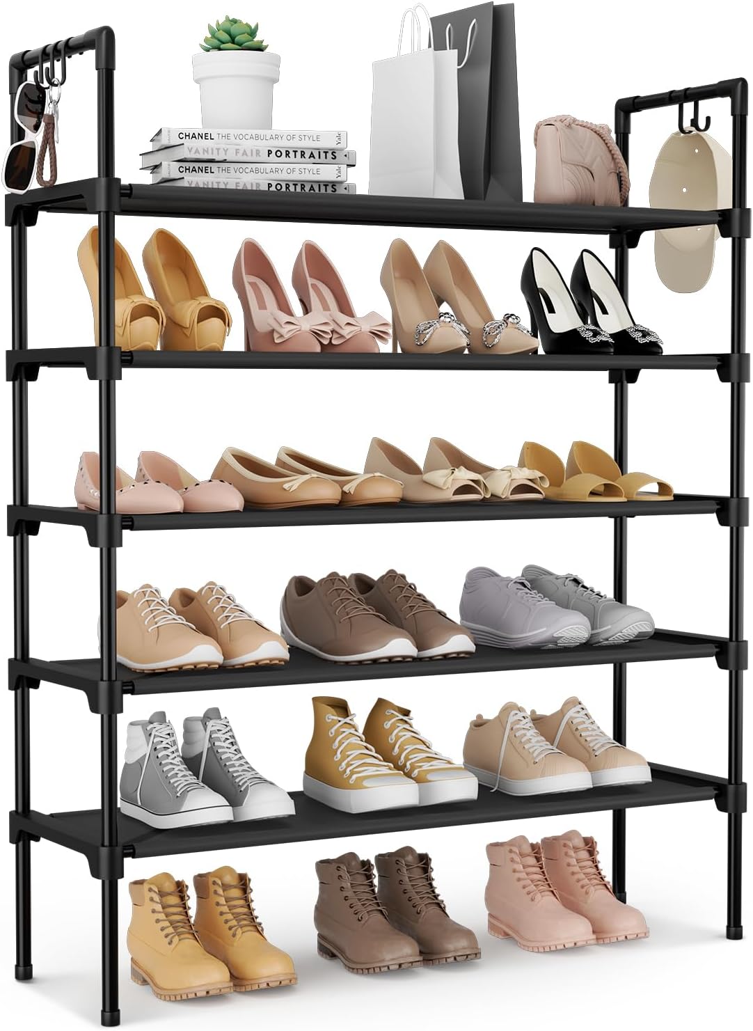 3-Tier Stackable Shoe Rack Organizer with 5 Hooks for Closet, Entryway and Garage