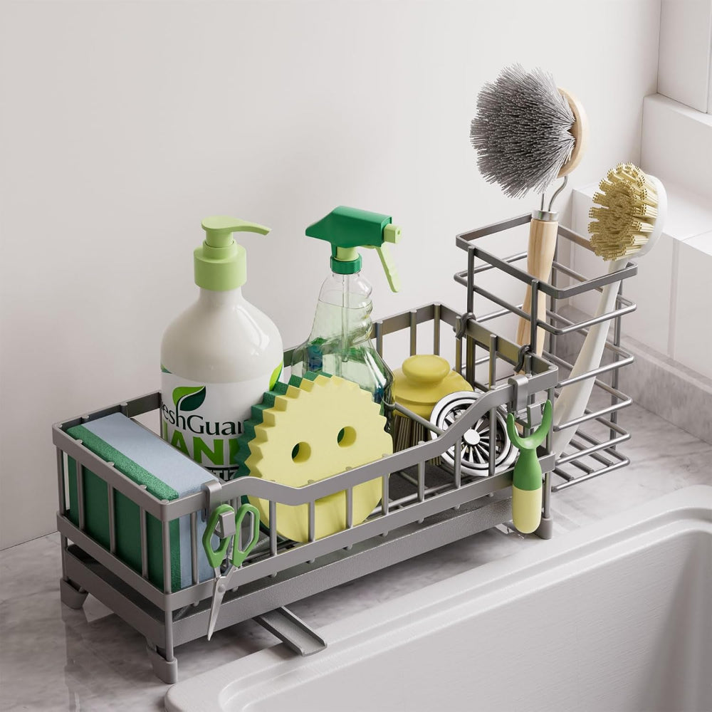 Kitchen Sink Caddy Sponge Holder with Brush Storage and Stainless-Steel Organizer