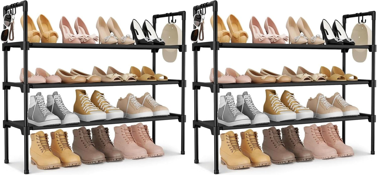 3-Tier Stackable Shoe Rack Organizer with 5 Hooks for Closet, Entryway and Garage