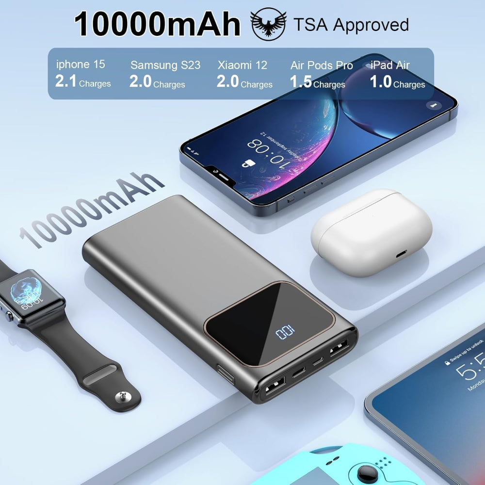 10000mAh Portable Power Bank – PD Fast Charging USB C In Out Battery Pack For Smartphones
