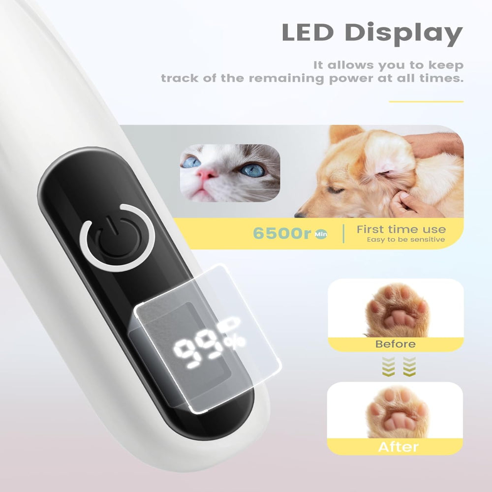 Cordless Dog Grooming Kit – LED Display 35dB Low Noise Paw Trimmer with Light