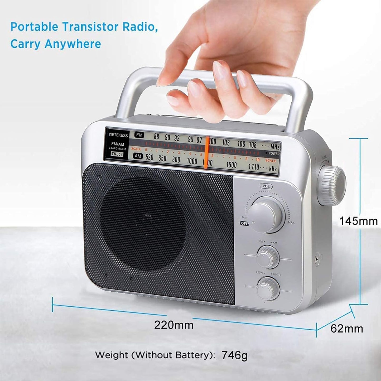 Retekess TR604 AM FM Radio Portable Transistor Analog Radio with 3.5mm Earphone Jack Battery Operated Boombox by 3 D Cell Batteries or AC Power (Silver, AM FM  Open Box)