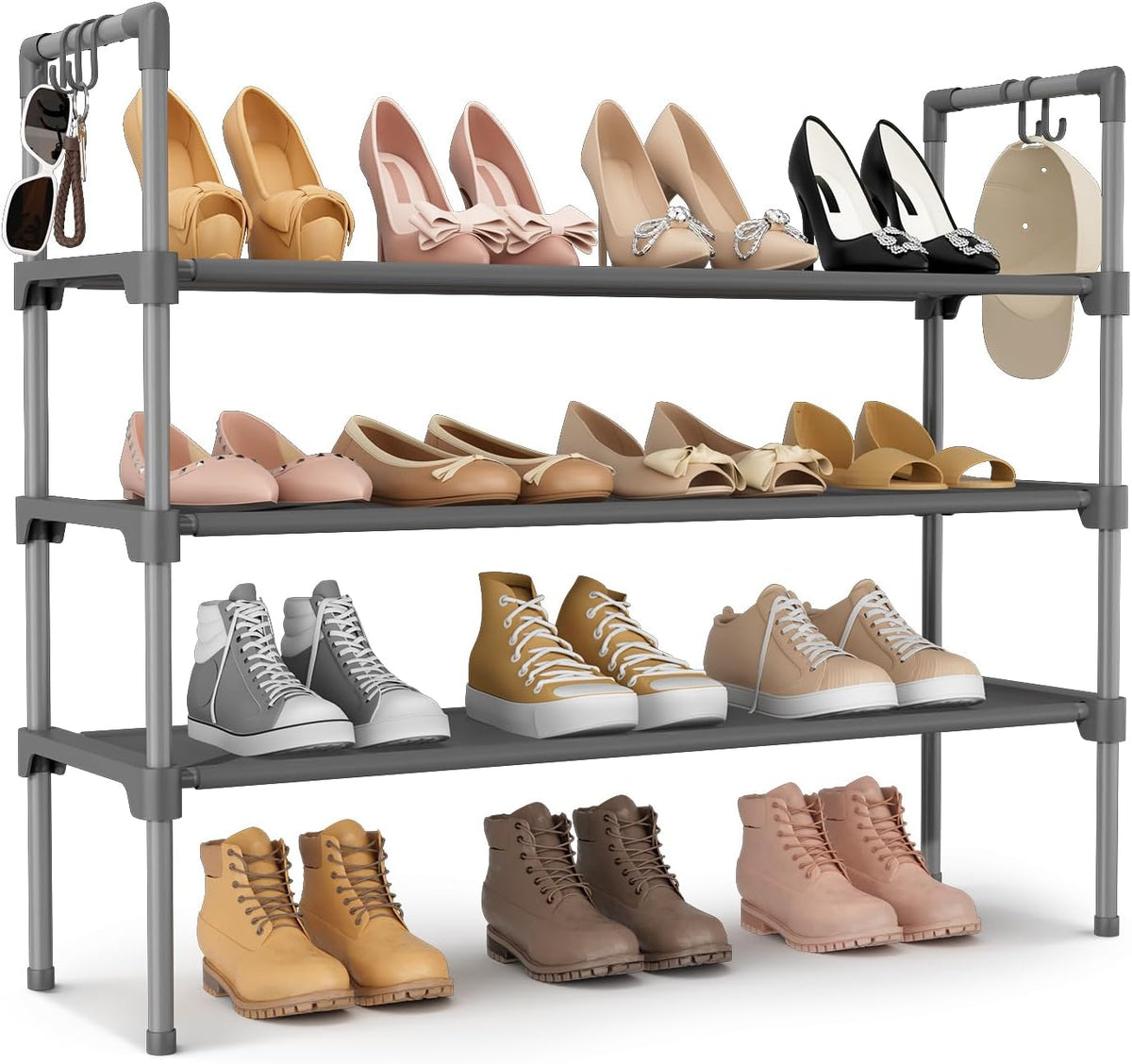 3-Tier Stackable Shoe Rack Organizer with 5 Hooks for Closet, Entryway and Garage
