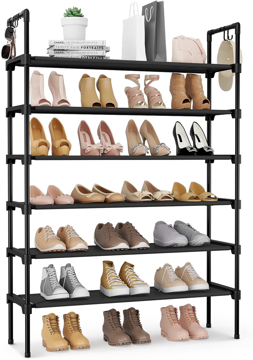 3-Tier Stackable Shoe Rack Organizer with 5 Hooks for Closet, Entryway and Garage