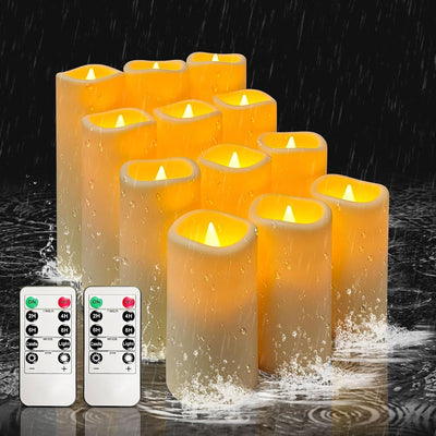 12-Pack Waterproof Outdoor Flameless LED Pillar Candles with Remote Control and Timer - 12PCS / D2.2"-Waterproof
