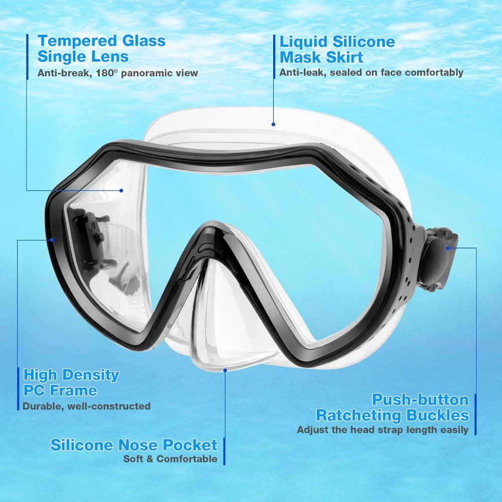 Adult Snorkeling Gear Set - Panoramic Anti Fog Snorkel - Mask with Travel Bag