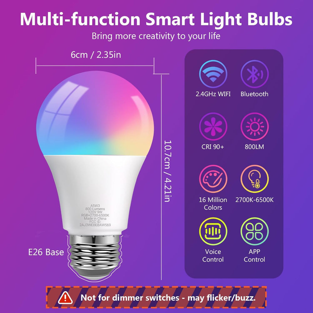 6-Pack Smart Wi-Fi LED Light Bulbs - Color Changing and Dimmable - Compatible with Alexa and Google Home