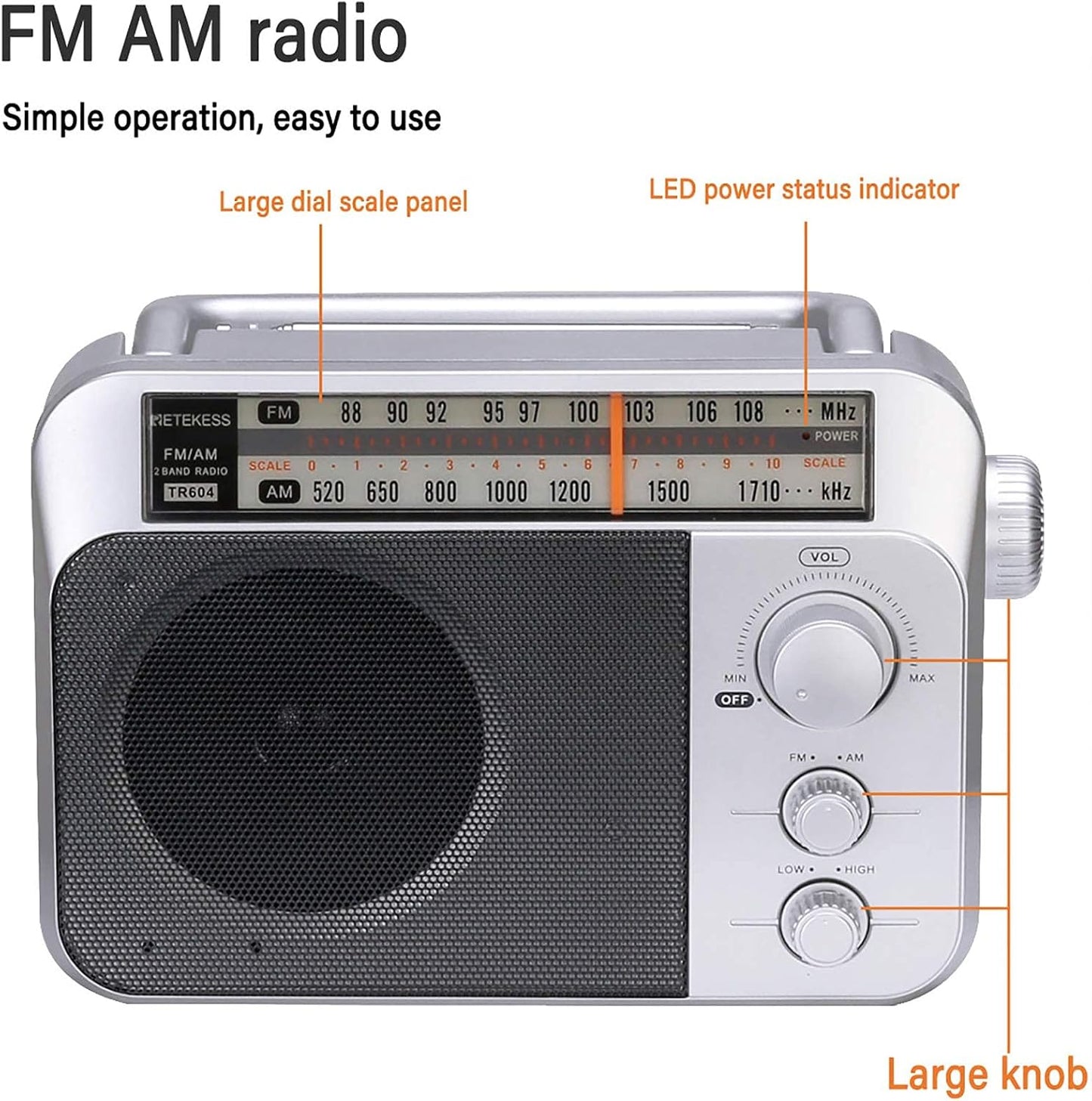 Retekess TR604 AM FM Radio Portable Transistor Analog Radio with 3.5mm Earphone Jack Battery Operated Boombox by 3 D Cell Batteries or AC Power (Silver, AM FM  Open Box)