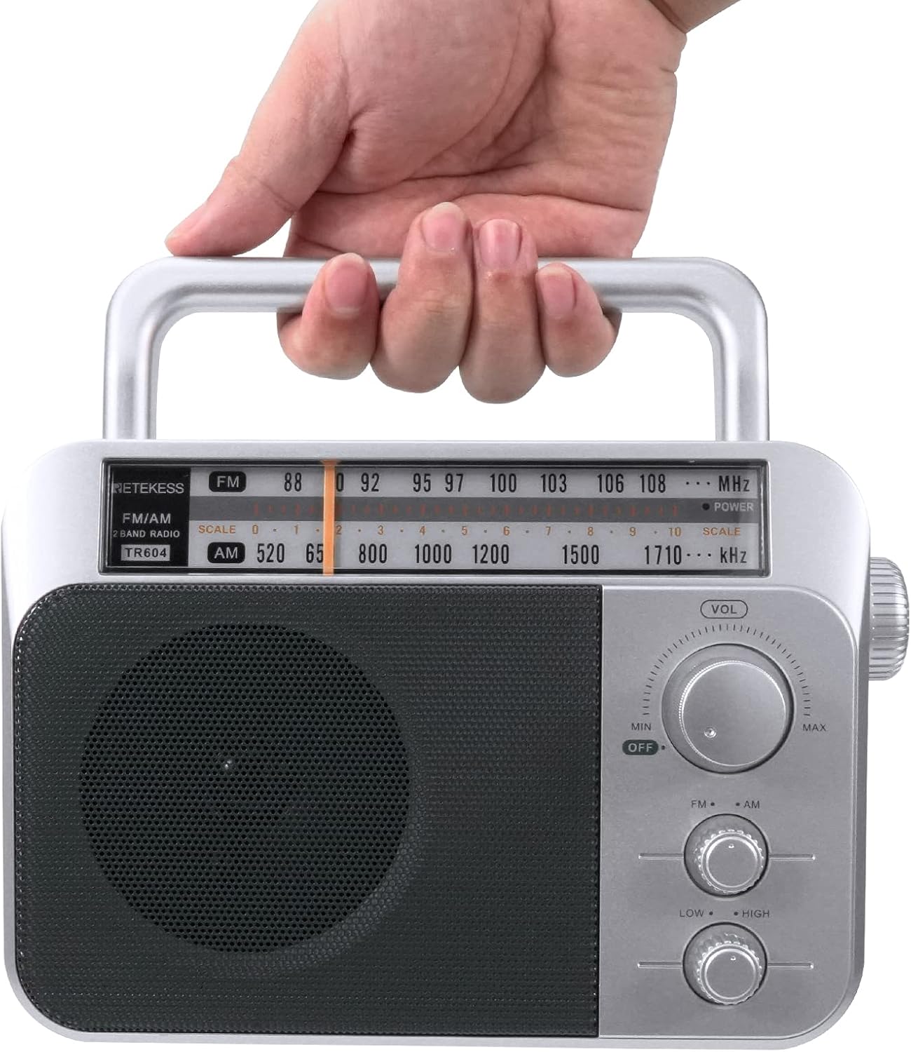 Retekess TR604 AM FM Radio Portable Transistor Analog Radio with 3.5mm Earphone Jack Battery Operated Boombox by 3 D Cell Batteries or AC Power (Silver, AM FM  Open Box)