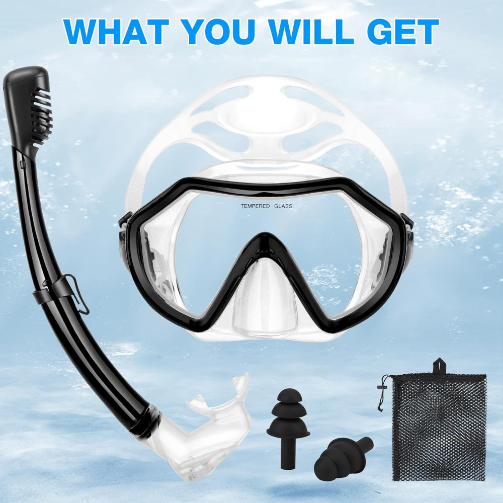 Adult Snorkeling Gear Set - Panoramic Anti Fog Snorkel - Mask with Travel Bag