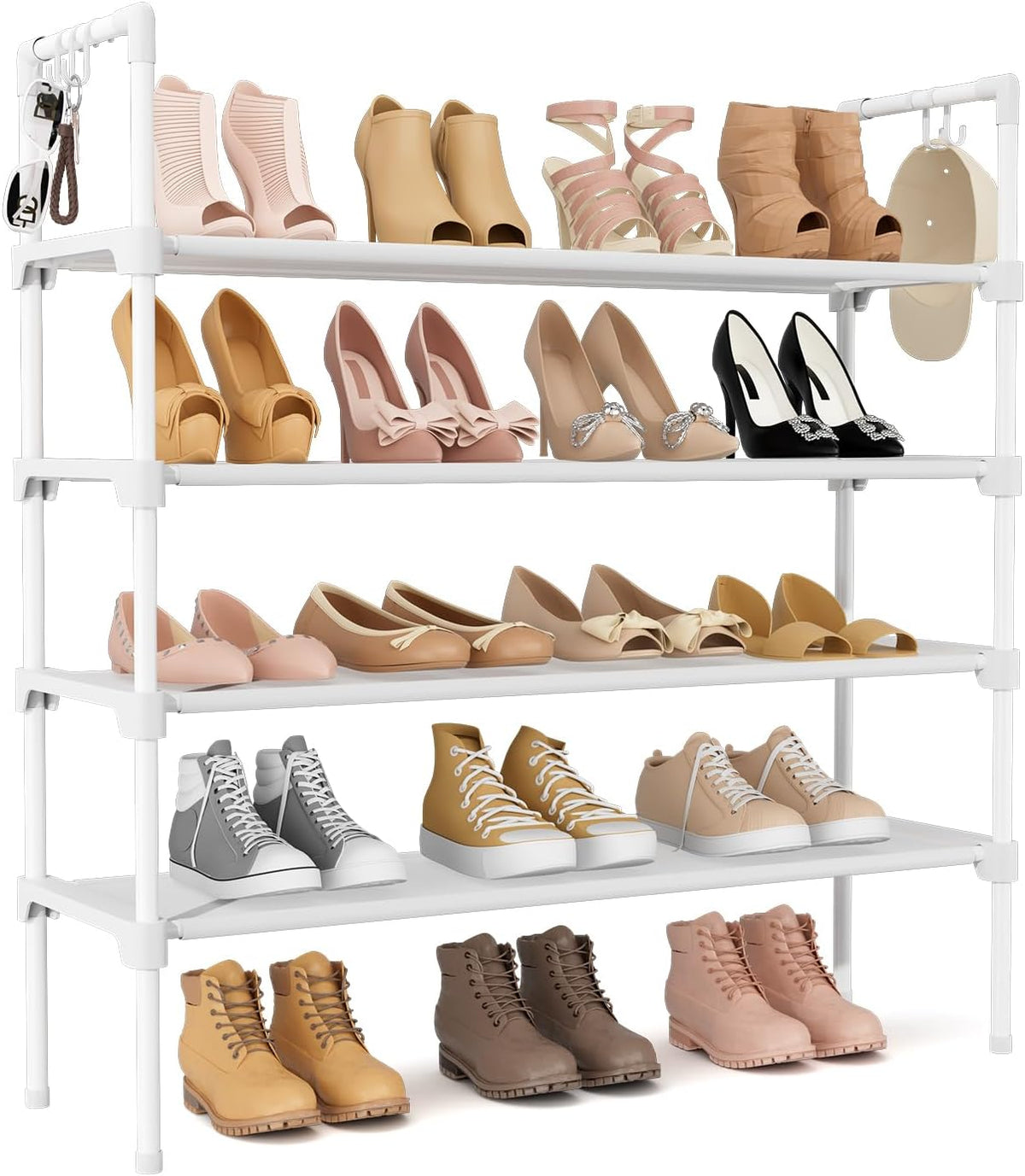 3-Tier Stackable Shoe Rack Organizer with 5 Hooks for Closet, Entryway and Garage