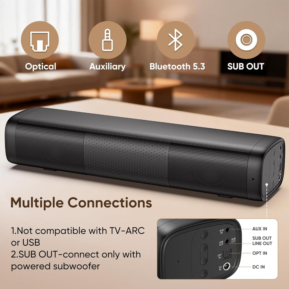 Compact Sound Bar for TV - Bluetooth Speaker with Optical and AUX Connectivity