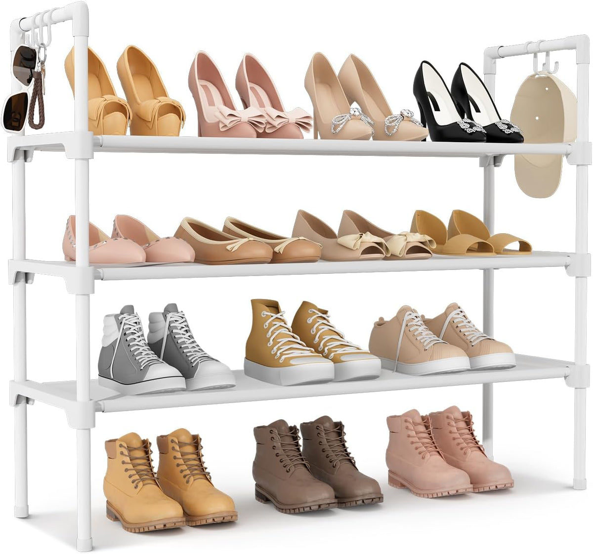 3-Tier Stackable Shoe Rack Organizer with 5 Hooks for Closet, Entryway and Garage