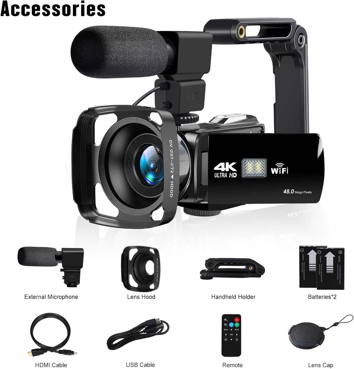 Camcorder Video Camera 4K Ultra HD 48MP WiFi Vlogging Camera for YouTube 3" Touch Screen Camcorder, 18X Digital Zoom Camera Recorder with Microphone, Stabilizer, Lens Hood, Remote and 2 Batteries