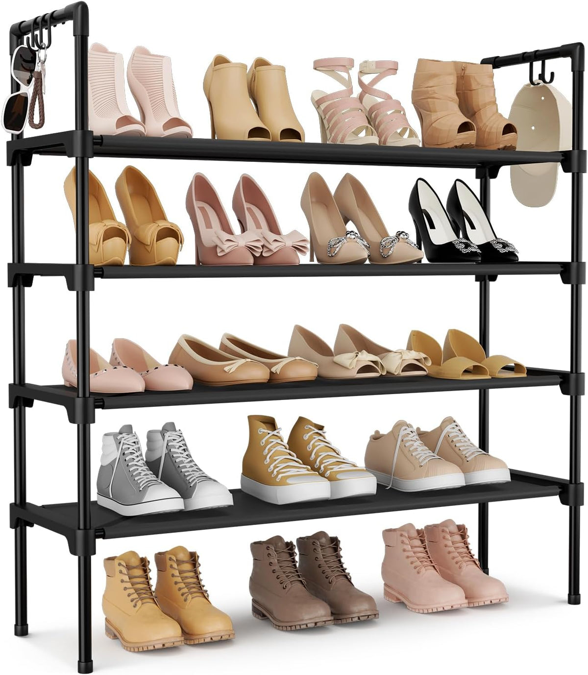 3-Tier Stackable Shoe Rack Organizer with 5 Hooks for Closet, Entryway and Garage