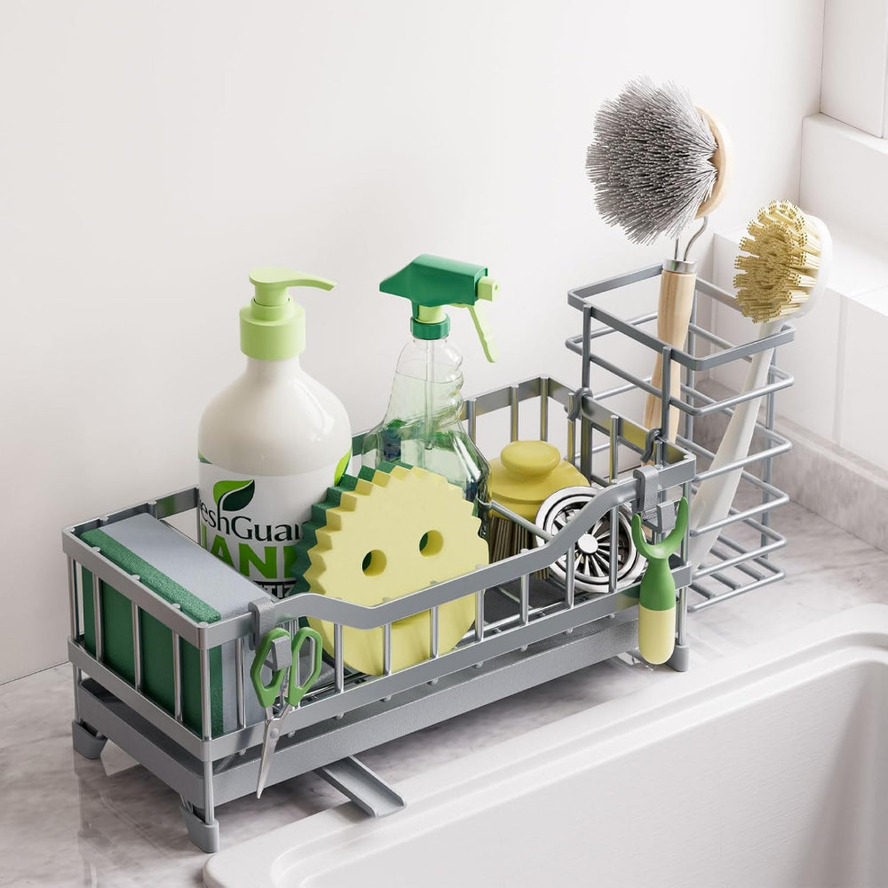 Kitchen Sink Caddy Sponge Holder with Brush Storage and Stainless-Steel Organizer