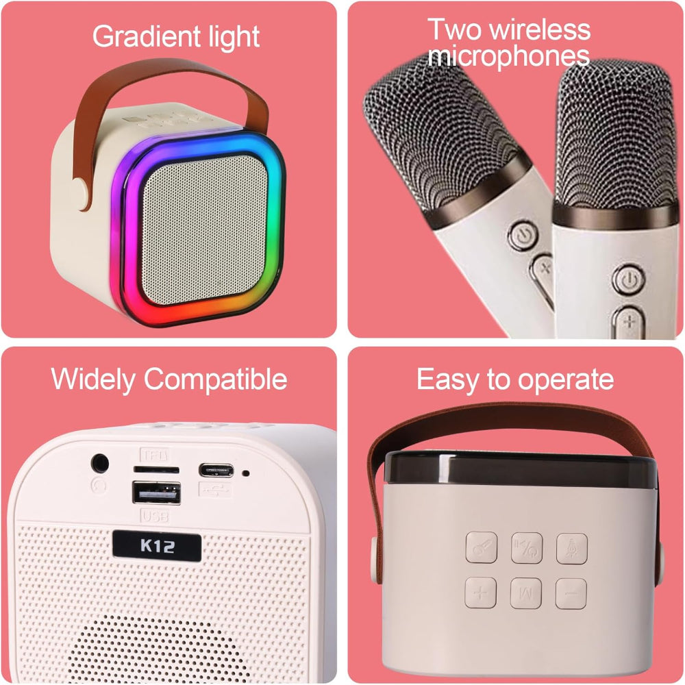 Mini Karaoke Machine with 2 Microphones - Portable Bluetooth Speaker with Wireless Microphones