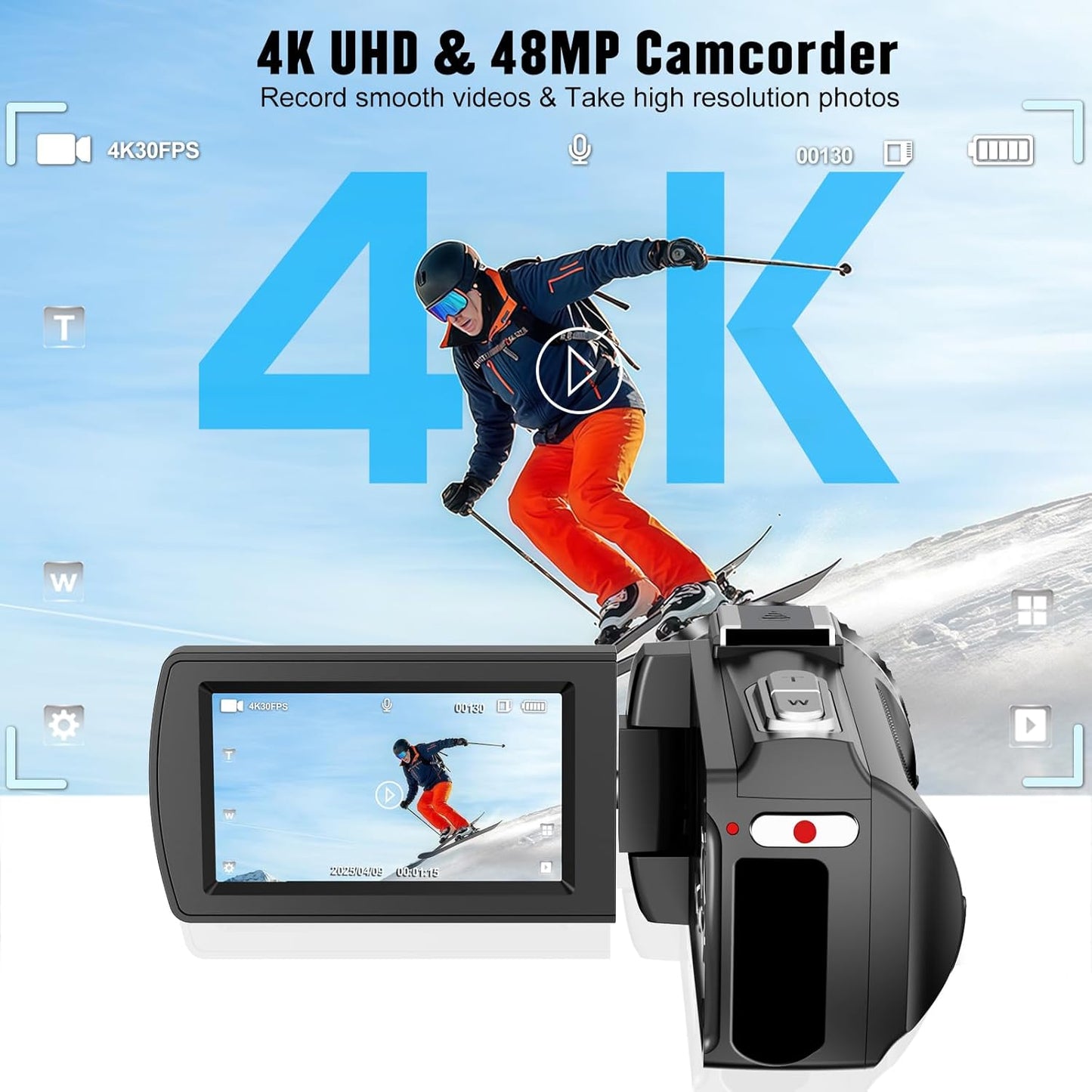 Camcorder Video Camera 4K Ultra HD 48MP WiFi Vlogging Camera for YouTube 3" Touch Screen Camcorder, 18X Digital Zoom Camera Recorder with Microphone, Stabilizer, Lens Hood, Remote and 2 Batteries