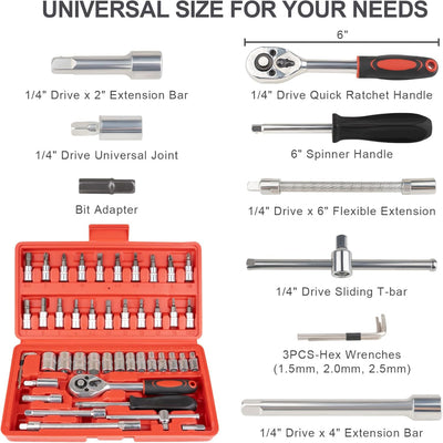 46-Piece Socket Ratchet Tool Set – 1/4 Inch Metric Wrench Kit, Extension Bar, Compact Case