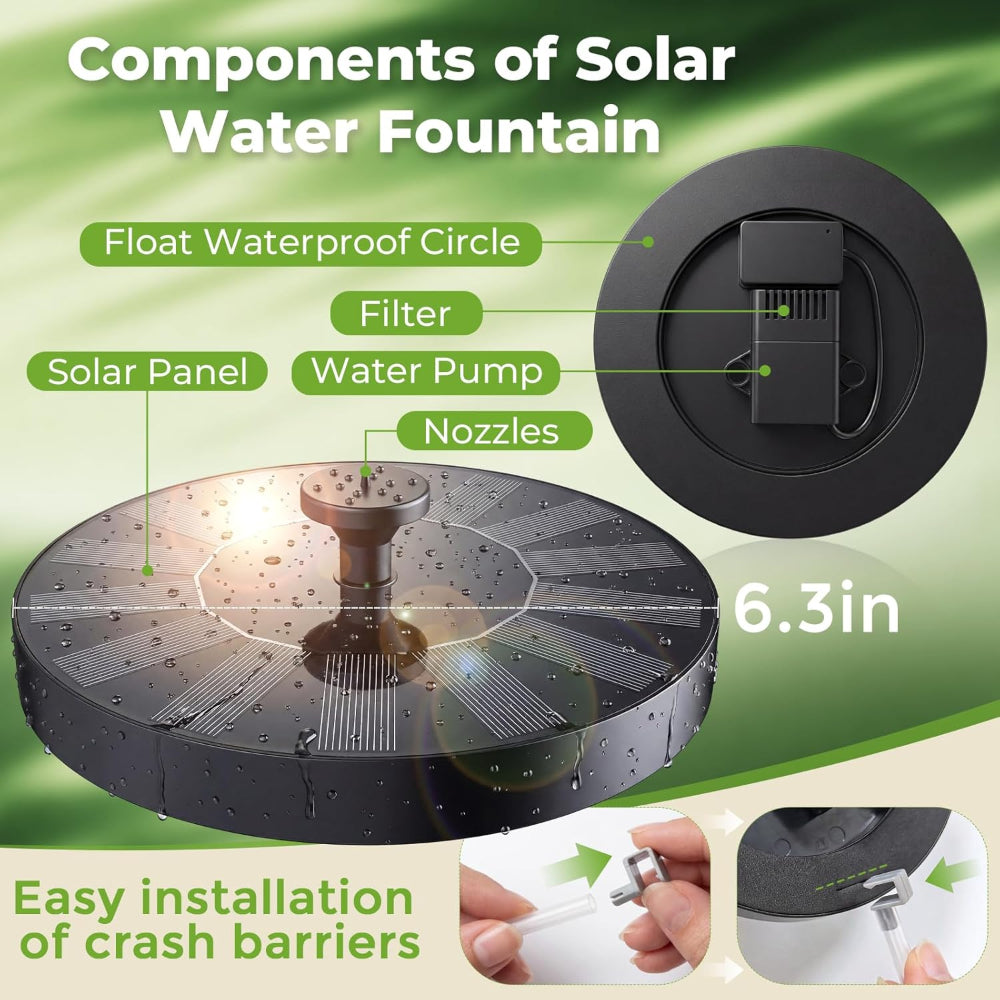Solar Fountain Pump – Floating Bird Bath Water Fountain with 6 Nozzles for Garden Pond