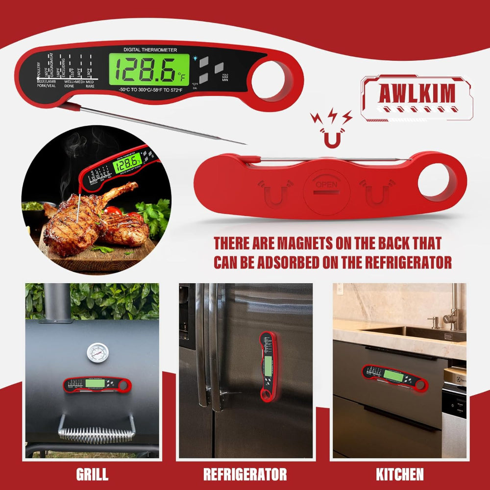 Digital Instant Read Meat Thermometer – Waterproof Backlit Food Thermometer for Grill & Kitchen