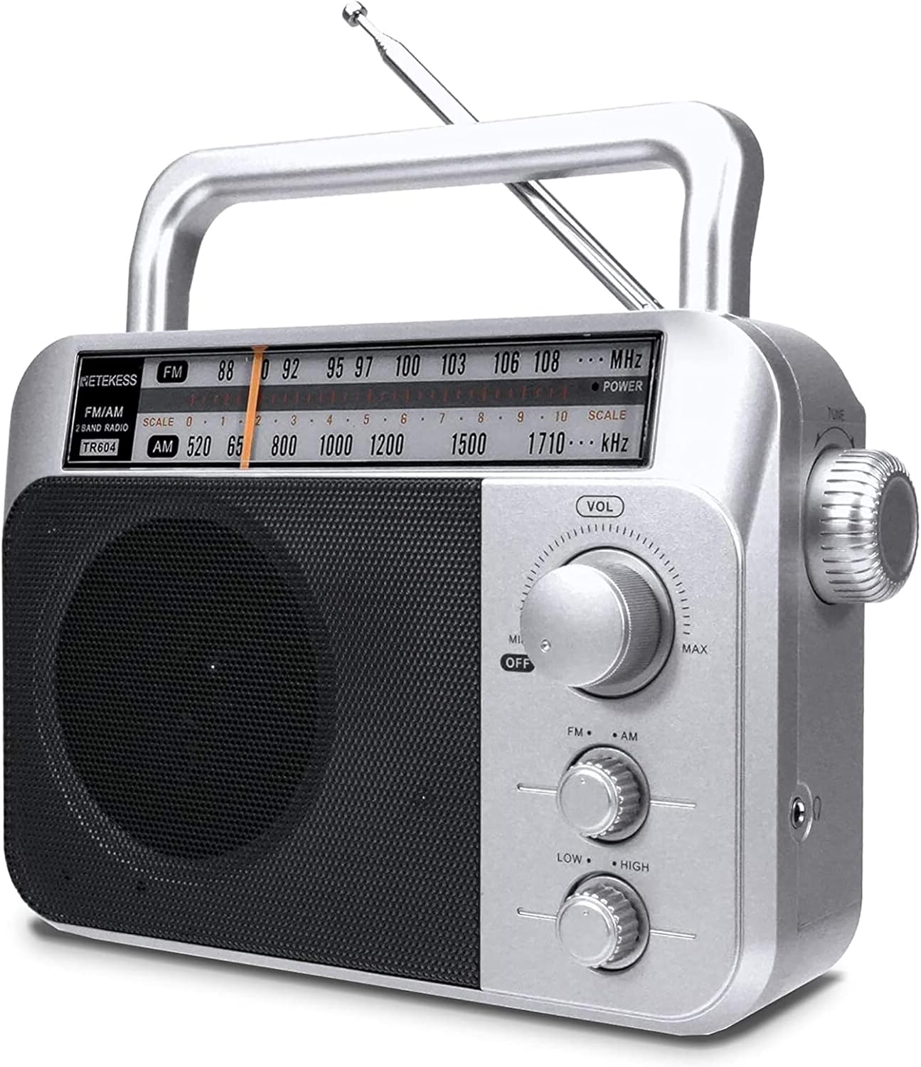 Retekess TR604 AM FM Radio Portable Transistor Analog Radio with 3.5mm Earphone Jack Battery Operated Boombox by 3 D Cell Batteries or AC Power (Silver, AM FM  Open Box)