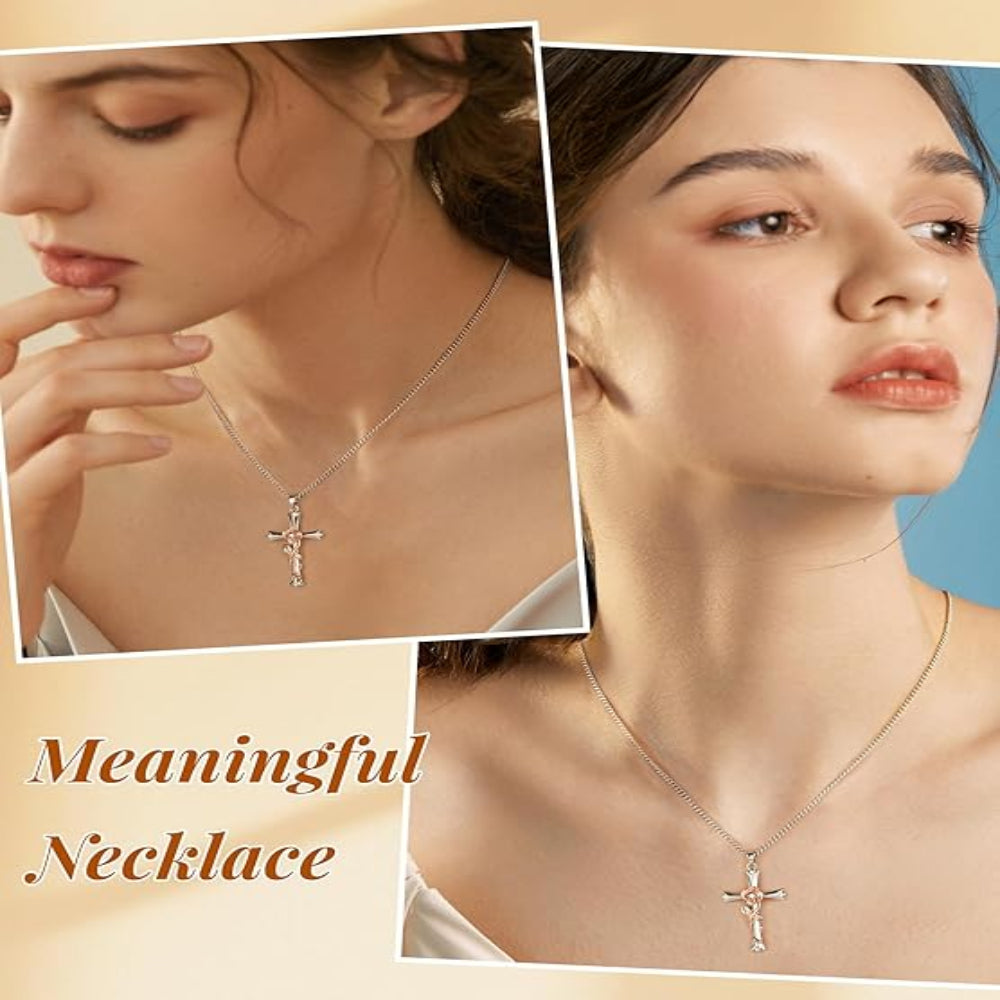 Silver Cross Necklace for Women – Faith Birthstone Pendant with Birth Flower Chain Jewelry Gift