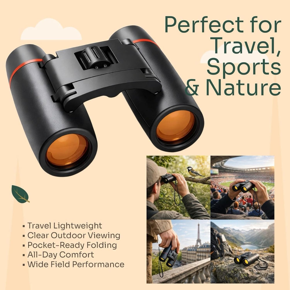 Compact Folding Binoculars – HD Portable Use – Lightweight Pocket Design for Adults & Kids – Bird Watching, Concerts, Theater, Travel & Outdoor Viewing