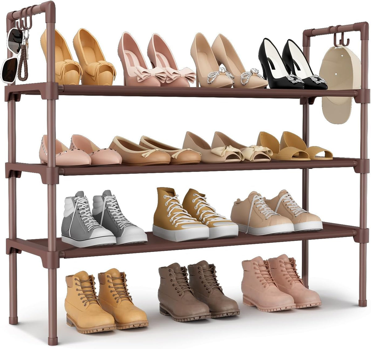 3-Tier Stackable Shoe Rack Organizer with 5 Hooks for Closet, Entryway and Garage