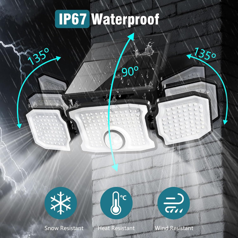 2-Pack Solar Motion Sensor Flood Lights with 3 Adjustable Heads and 200 LEDs