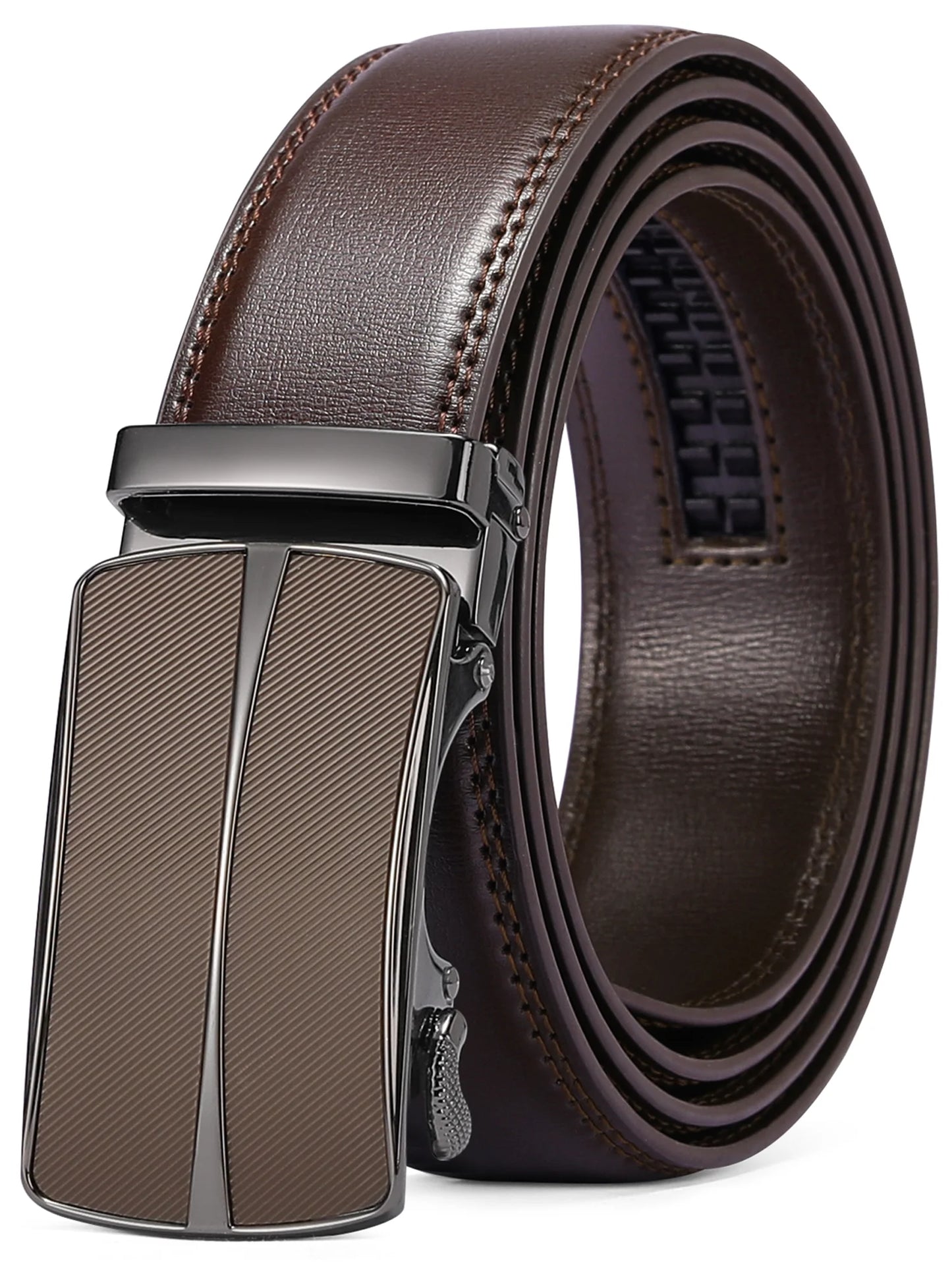 Men's Leather Belt with Automatic Ratchet Buckle Slide - Trim to Fit