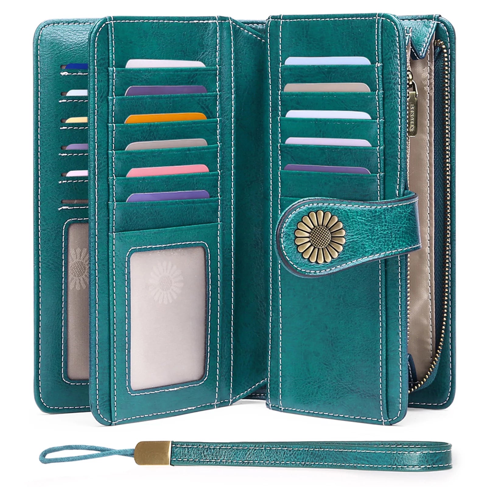 Genuine Leather Credit Card Holder with RFID Blocking Large Capacity Wristlet Wallet