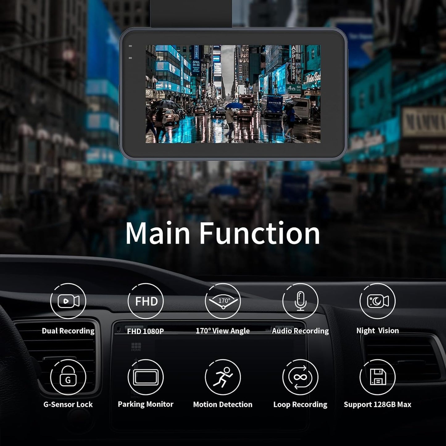 Dash Cam Front and Rear, 1080P FHD Dash Camera, 3’’IPS Screen with 170°+140° Wide Angle, G-Sensor, Loop Recording, WDR, Night Vision, 24H Parking Monitor, Motion Detection