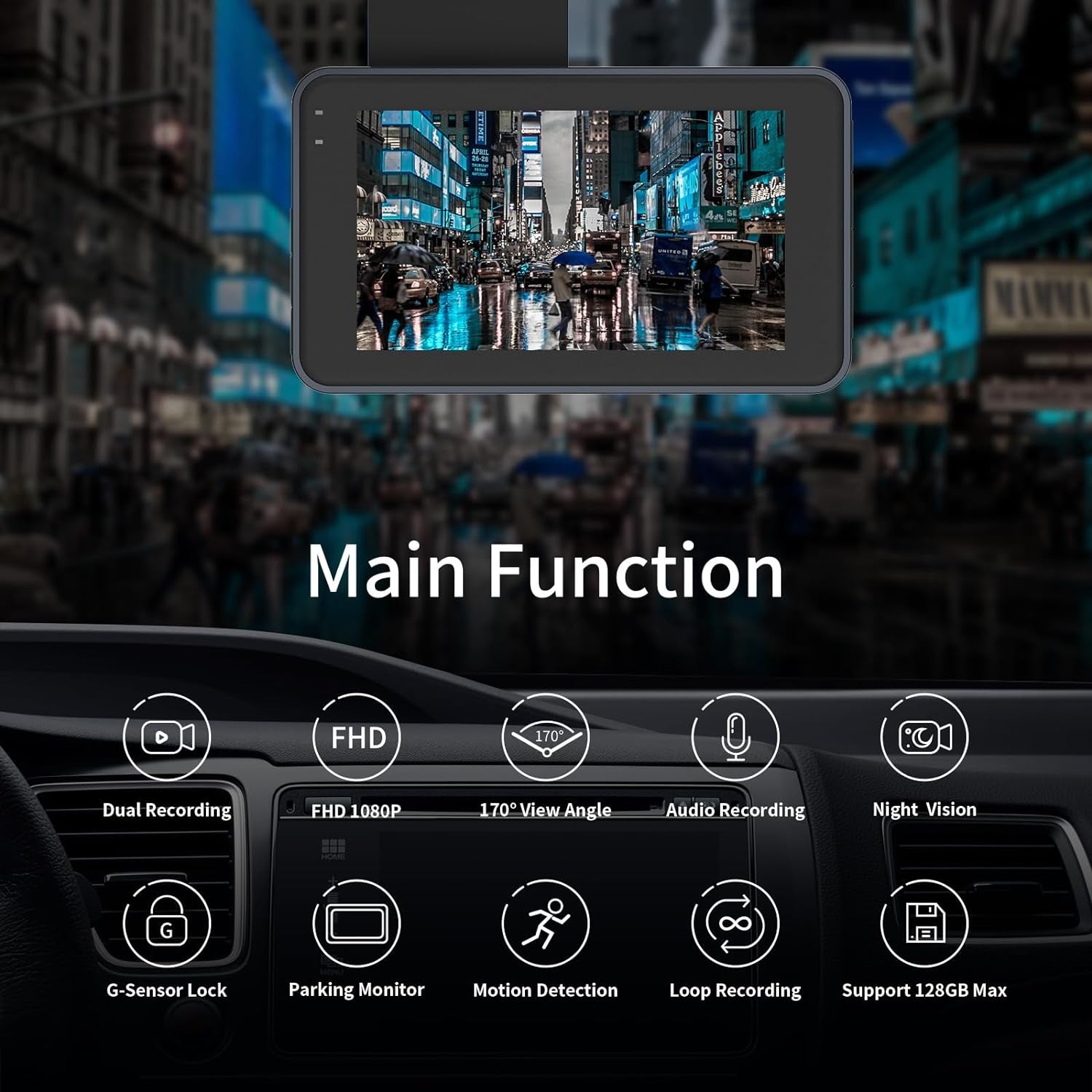 Dash Cam Front and Rear, 1080P FHD Dash Camera, 3’’IPS Screen with 170°+140° Wide Angle, G-Sensor, Loop Recording, WDR, Night Vision, 24H Parking Monitor, Motion Detection
