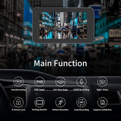 Dash Cam Front and Rear, 1080P FHD Dash Camera, 3’’IPS Screen with 170°+140° Wide Angle, G-Sensor, Loop Recording, WDR, Night Vision, 24H Parking Monitor, Motion Detection
