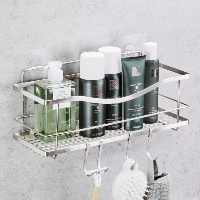 Premium Adhesive Shower Caddy with 4 Hooks, Rustproof No-Drill Bathroom Organizer