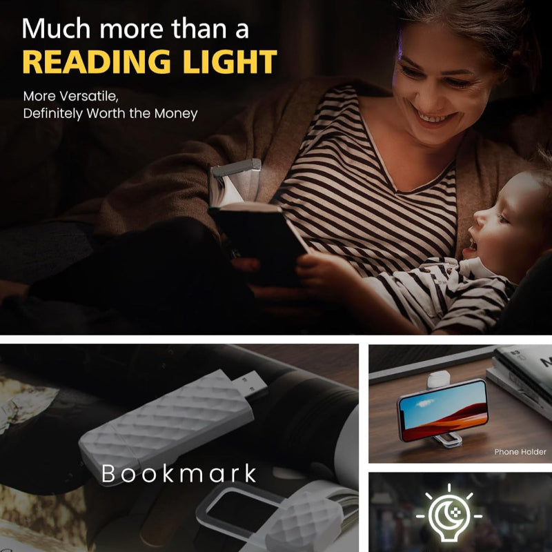 USB Rechargeable Book Light - Clip-on LED Reading Light, 3 Amber Colors, 5 Brightness Levels