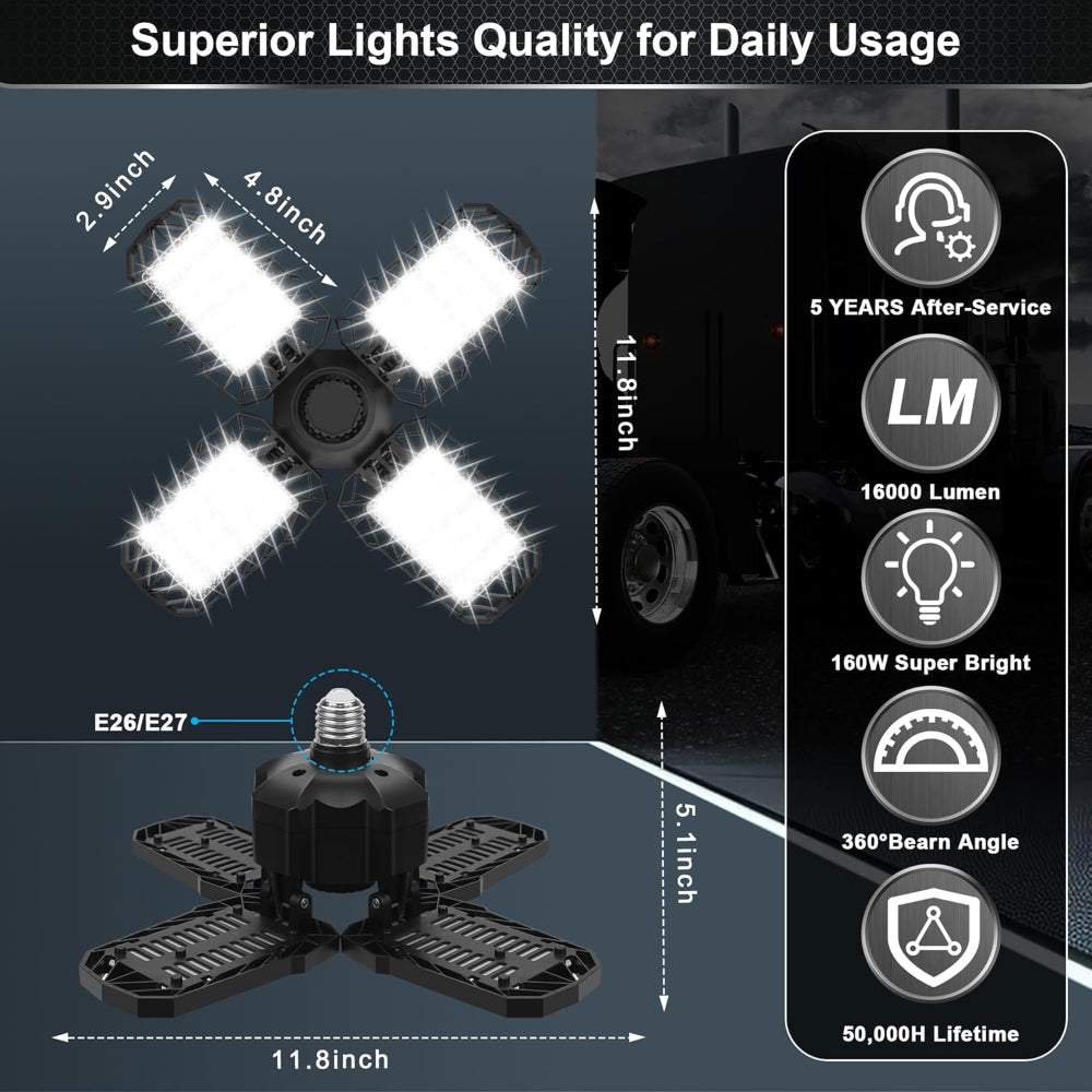 2-Pack LED Garage Lights – 15000LM Shop Lights, 4 Adjustable Panels, 6500K Daylight