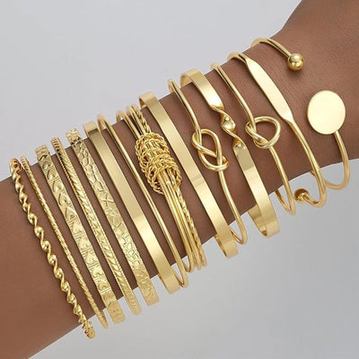 14-Piece Gold Bangle Bracelet Set – Stackable Multi-Layer Boho Bracelets – 14K Gold Plated Metal