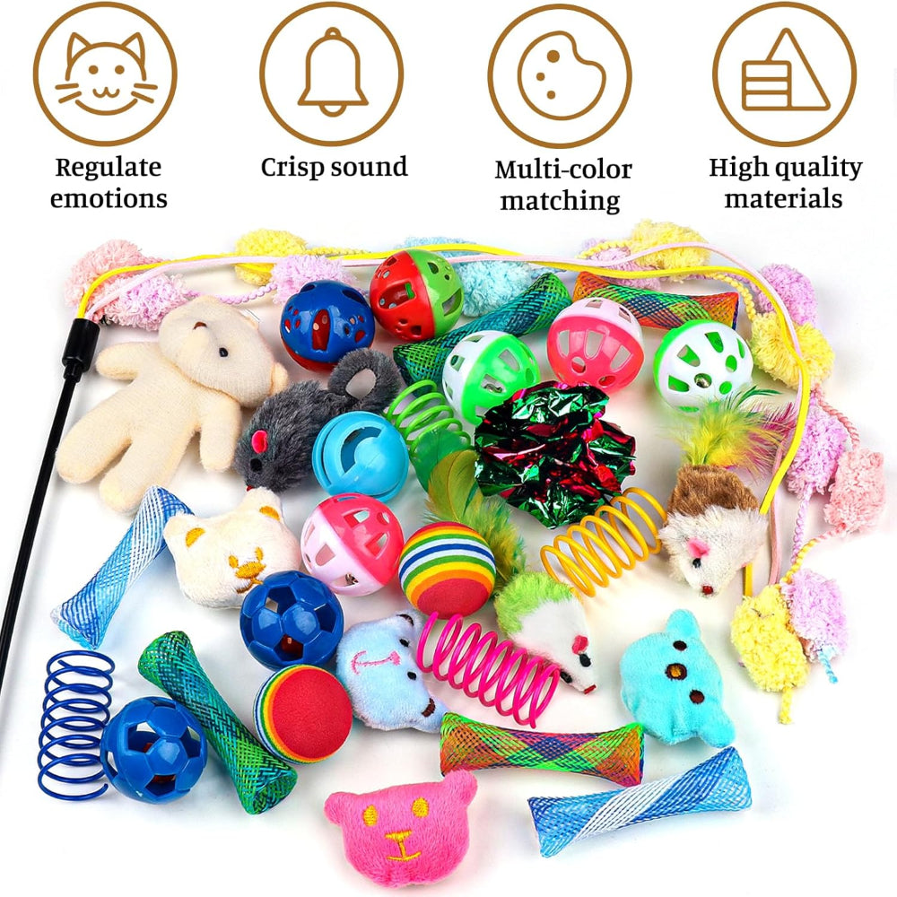 30 Piece Cat Toy Set - Interactive Kitten Toys with Wand Balls Springs and Bells