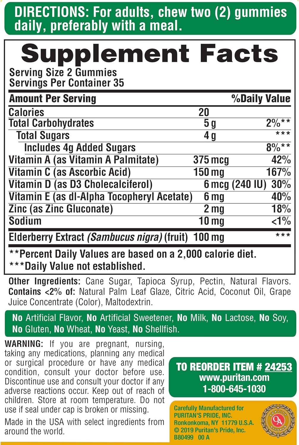 Elderberry Gummy with Vitamin C, D & Zinc, Supports The Immune System, 70 ct by Puritan's Pride
