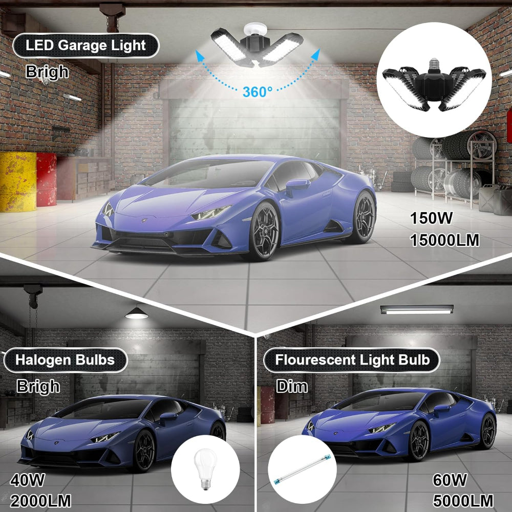 2-Pack LED Garage Lights – 15000LM Shop Lights, 4 Adjustable Panels, 6500K Daylight