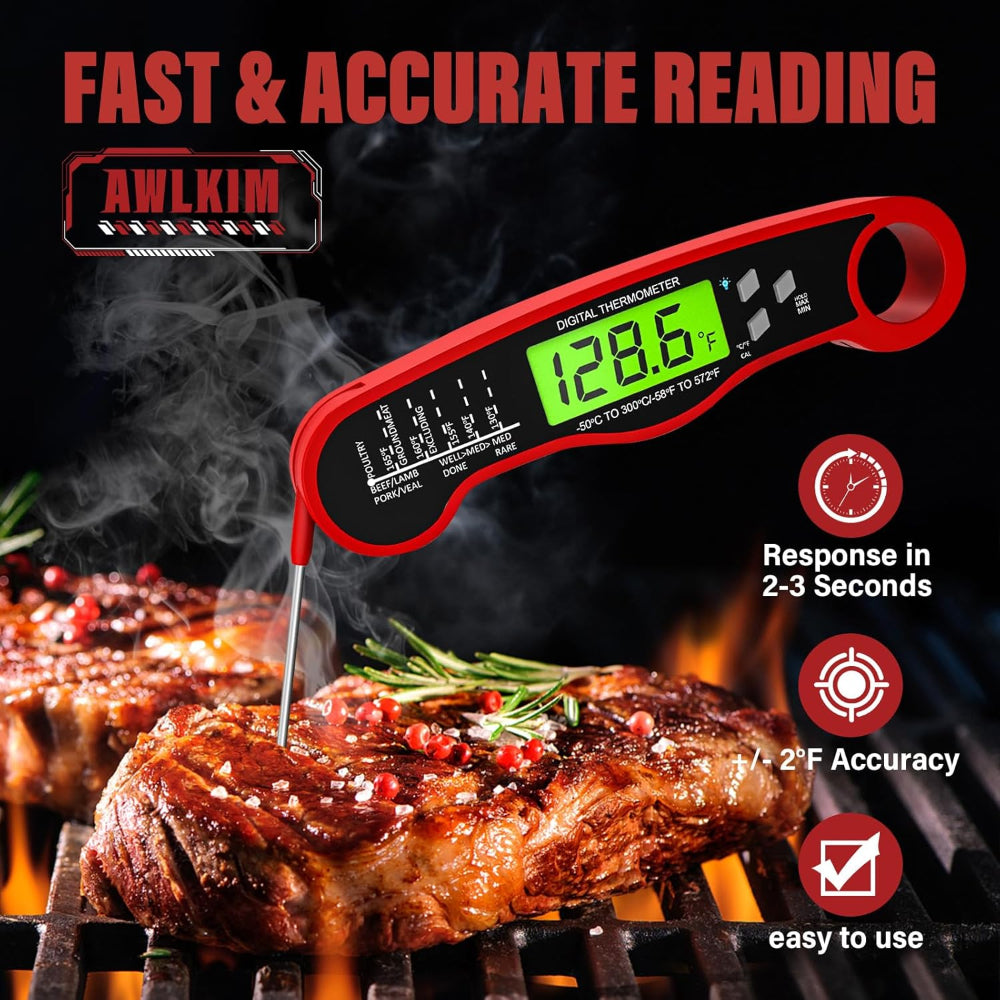 Digital Instant Read Meat Thermometer – Waterproof Backlit Food Thermometer for Grill & Kitchen
