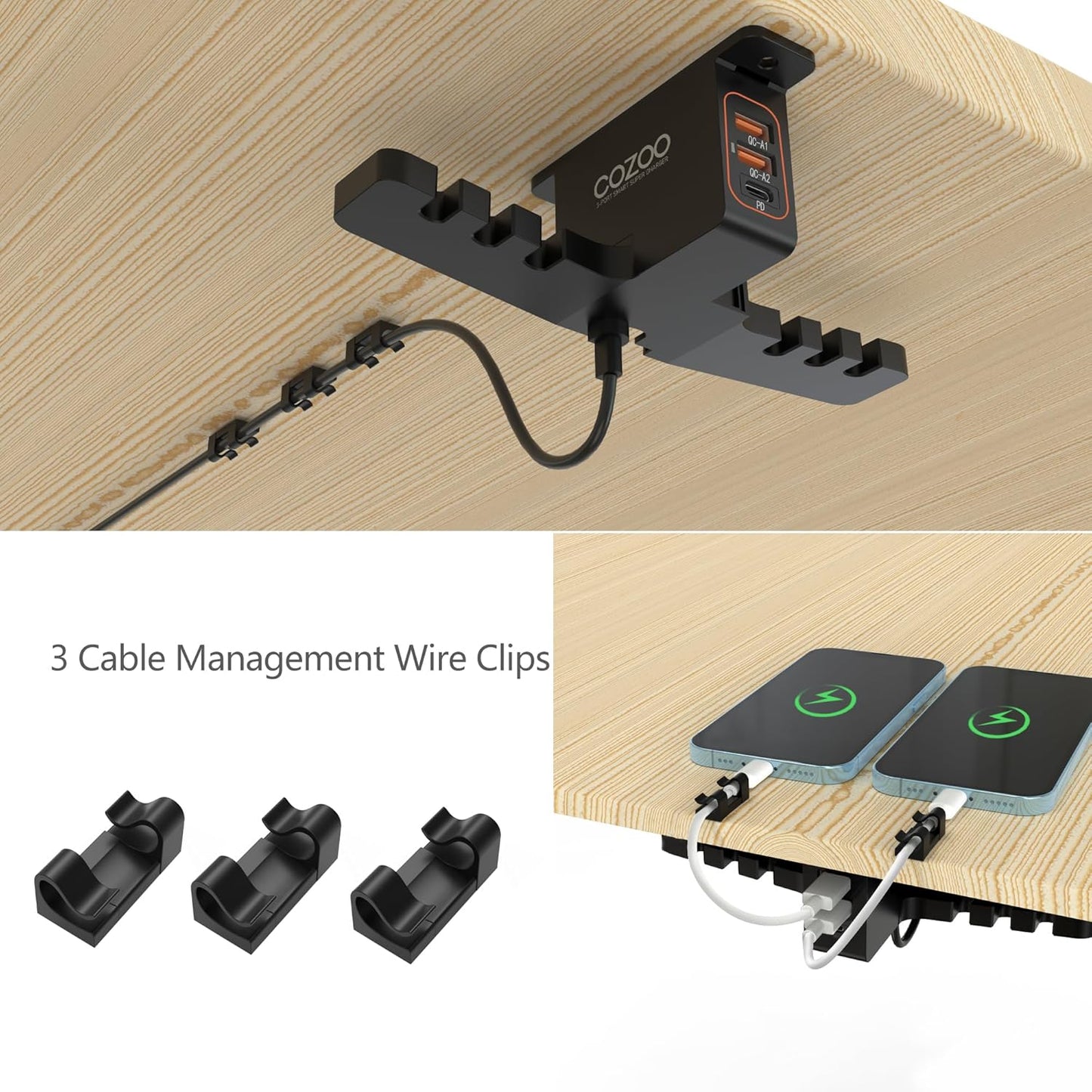 Under Desk Headset Holder Mount with 3 Port USB Charging Station